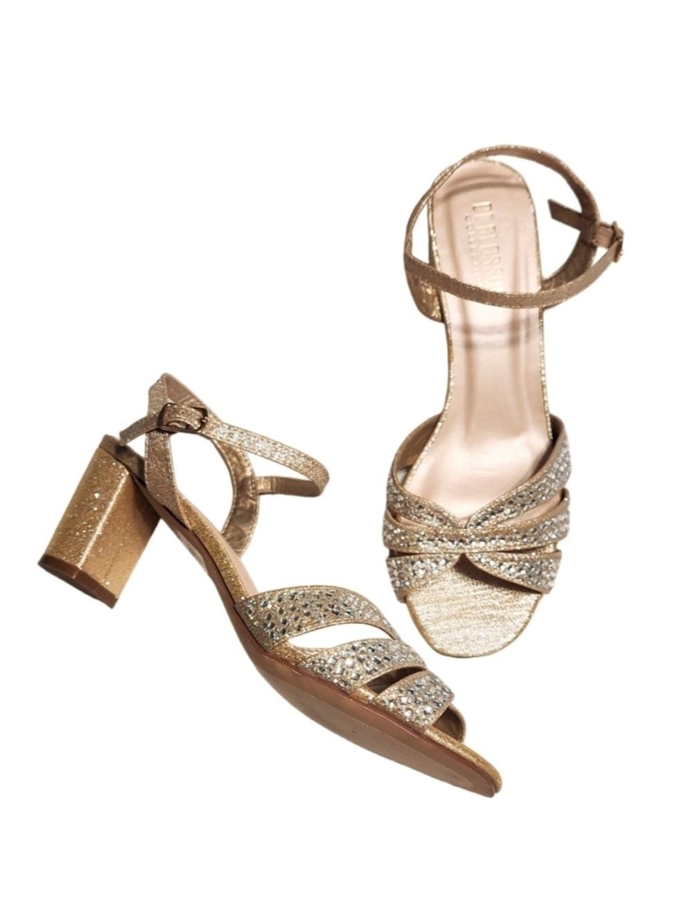 De Blossom Collection Gold Glitter Rhinestone Heel Sandal Size 9 - Picture 10 of 10